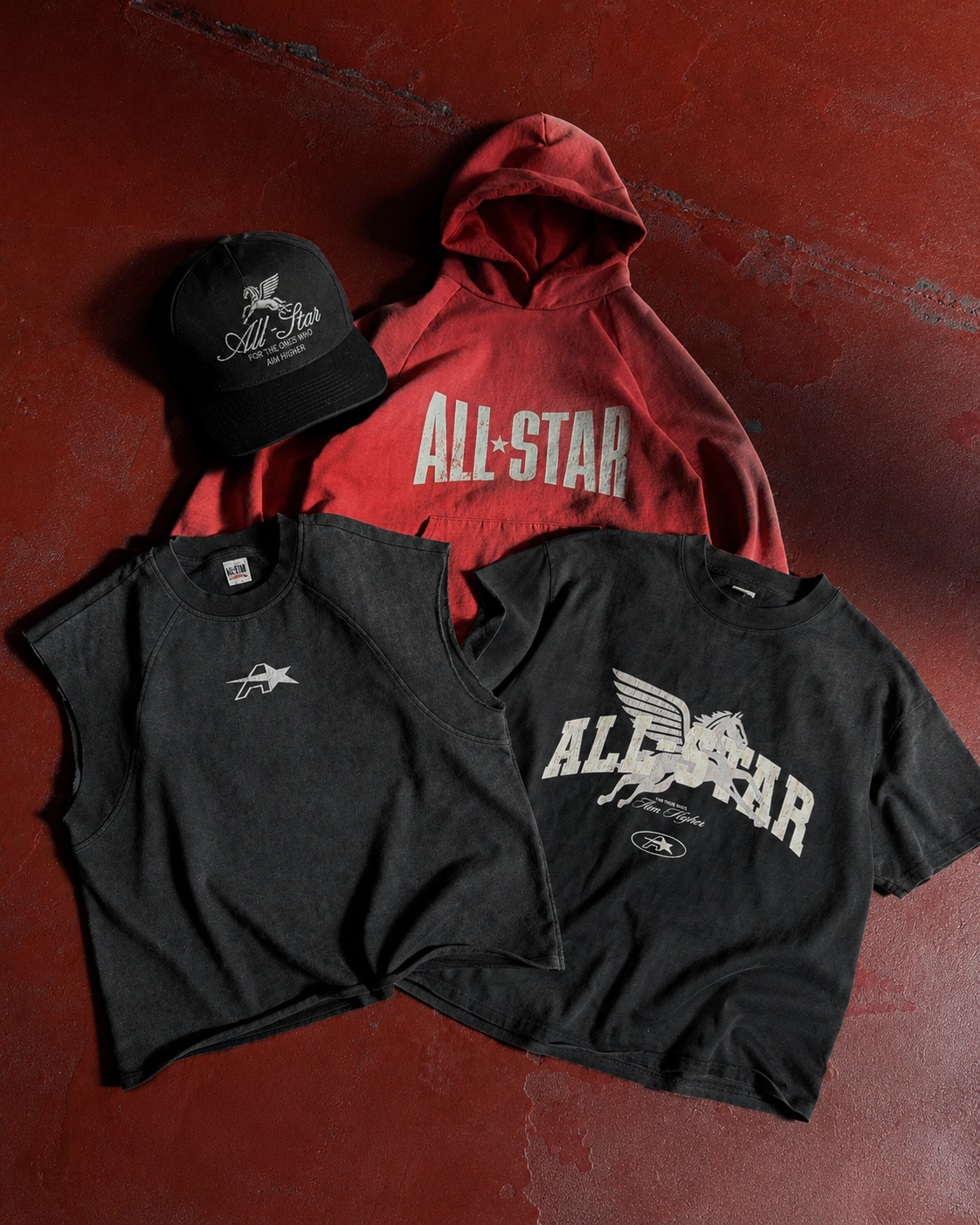Full Set bundle: All-Star Cap, red Hoodie, Cutoff and Old Gym Tee